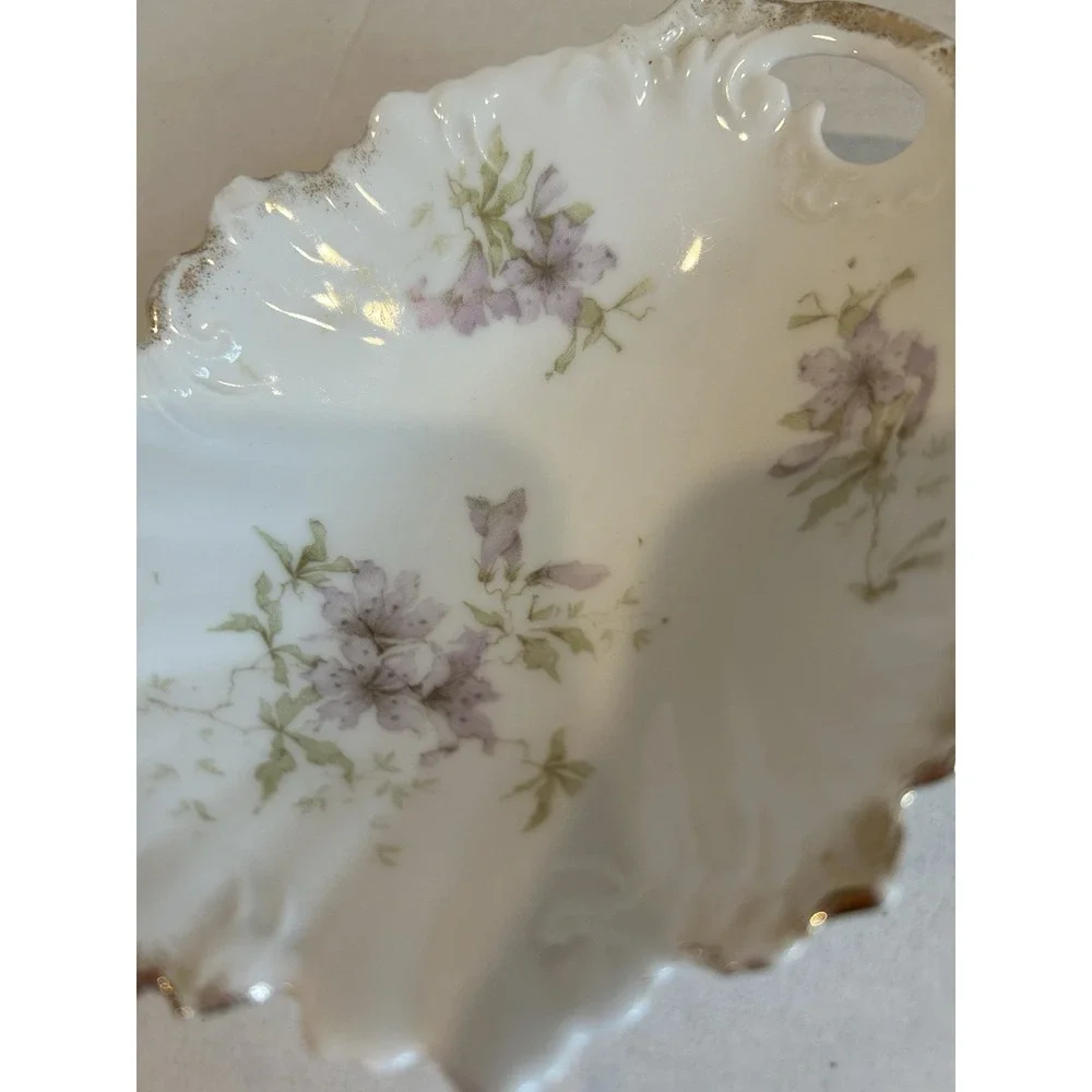 Antique Haviland & Co. Limoges France Purple Floral Scallop‎ Dish With Gold Trim